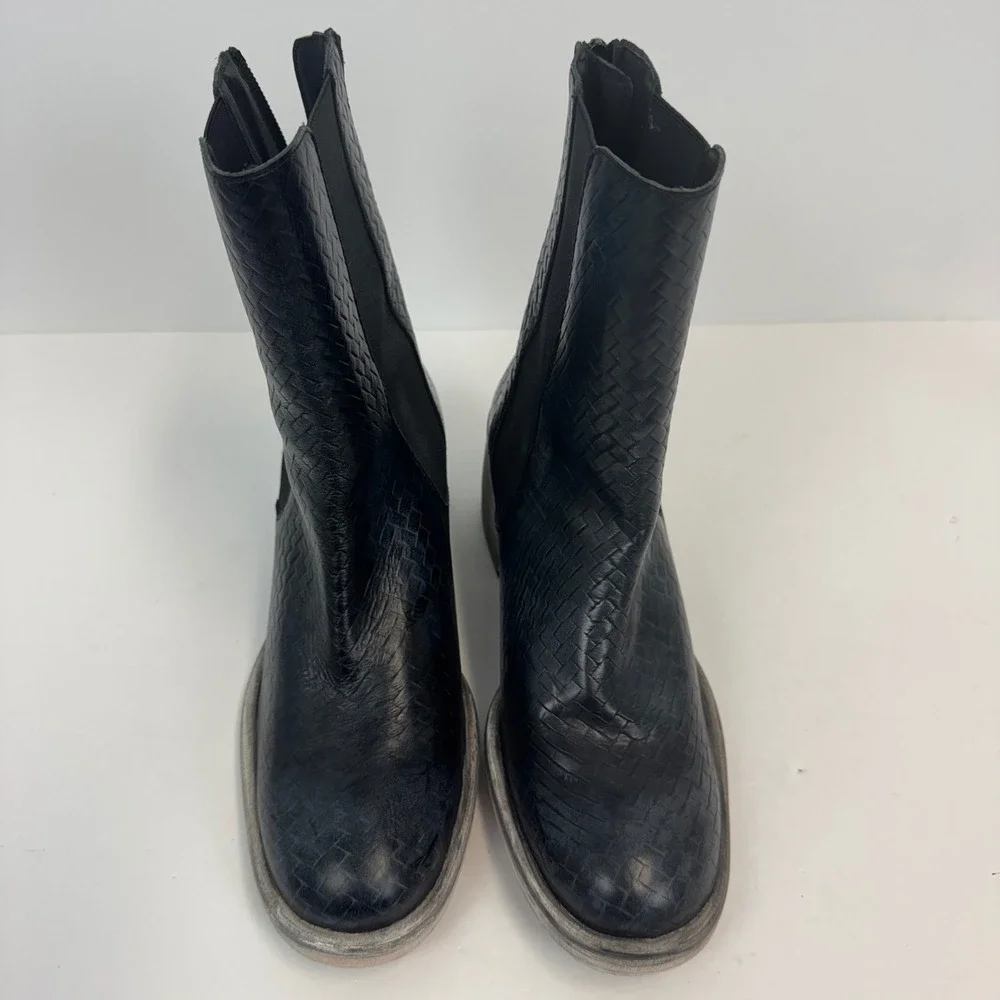 Free‎ People Brayden Woven Black Leather Ankle Boots Distressed Block Heel 6.5